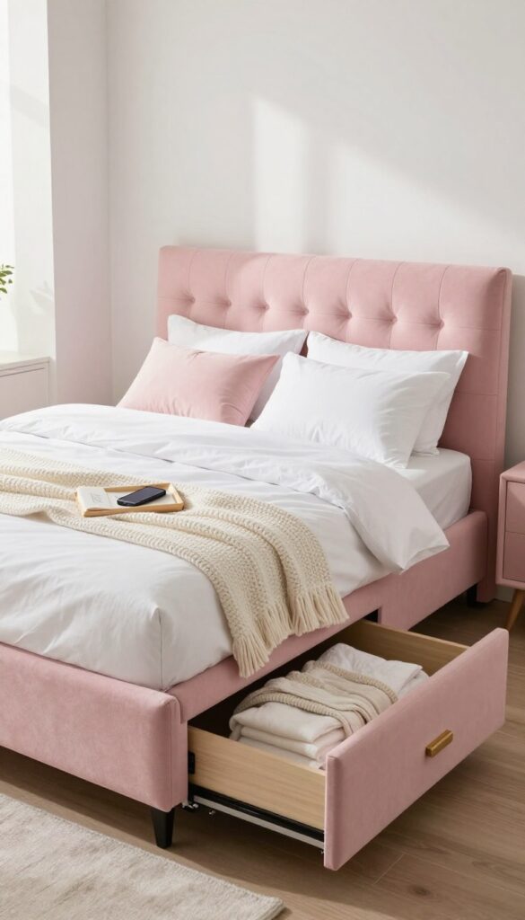 Pink upholstered ottoman bed with built-in drawers in a bright bedroom