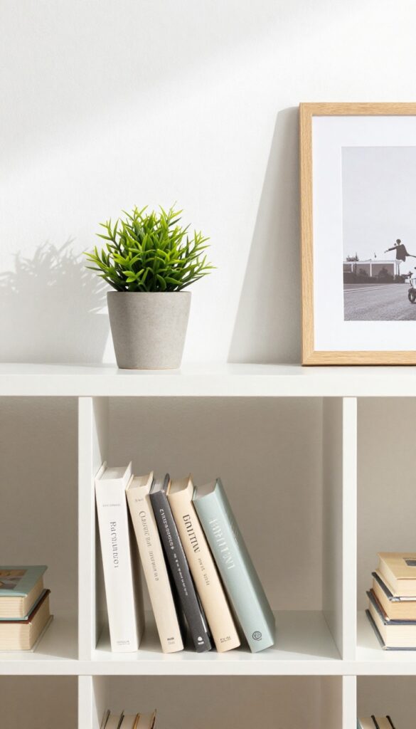 Light lavender bookshelf with styled decor including books, plant, and framed photo in bright natural light