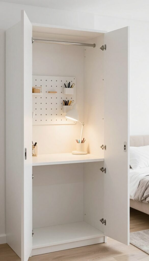 Small closet office nook with slim white desk, task lamp, pegboard storage, and tidy accessories, bright natural light.