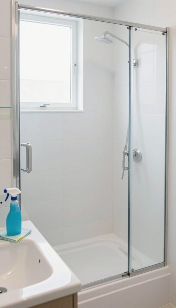 Bathroom deep clean with empty shelves, clean grout, and natural light