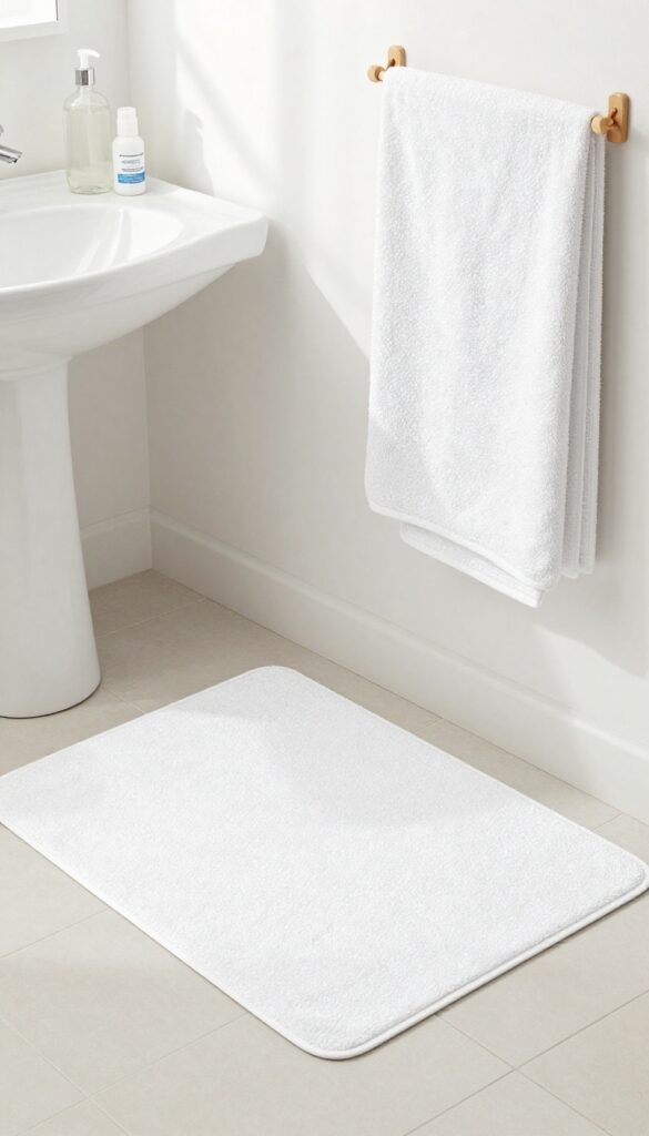 A clean bathroom with a fresh white bath mat on the floor, a hook holding a spare mat, and cleaning supplies on the sink.
