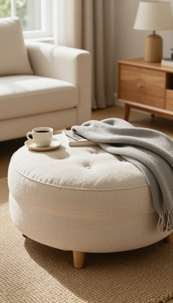 Tufted storage ottoman in beige linen with open lid showing blankets, in a small traditional living room with natural light.