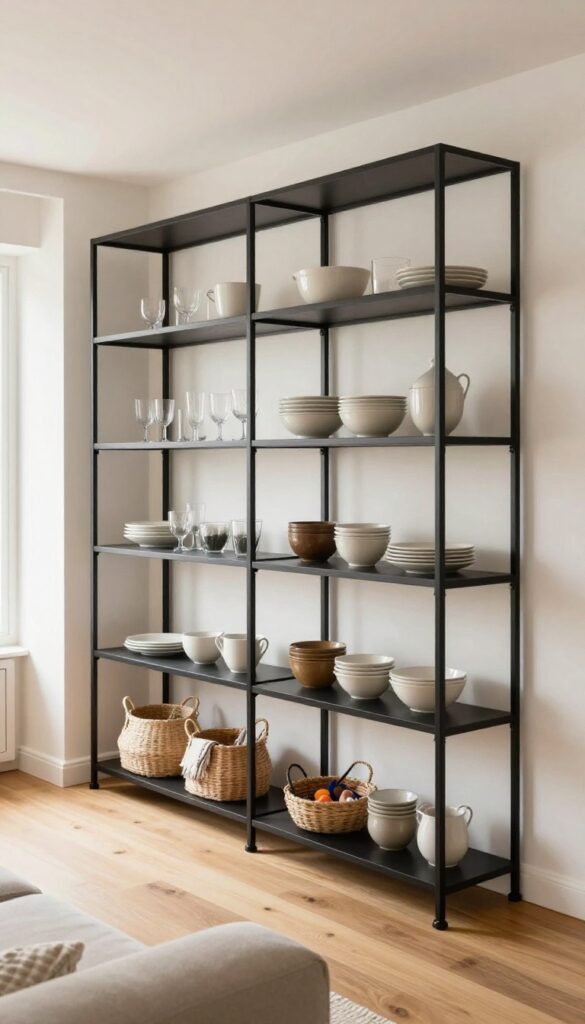 Open-frame metal shelving unit dividing living and dining areas with displayed ceramics and woven baskets