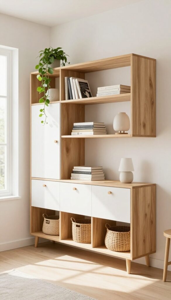 Floating corner wall unit with open shelves and closed cabinets styled with plants, books, and a lamp in a bright living room