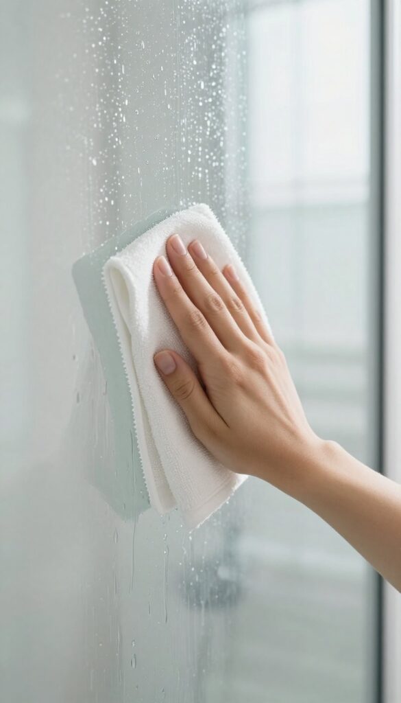 Hand wiping a shower glass door with a dry microfiber cloth, leaving a streak-free shine.
