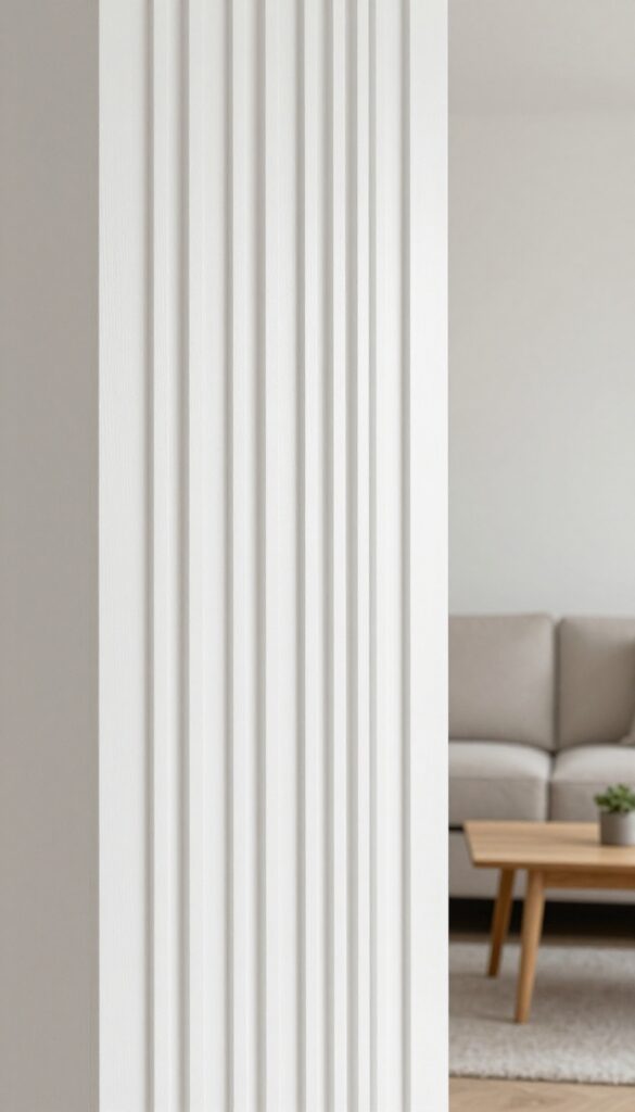 Living room accent wall with narrow board and batten in soft white, vertical lines making the small space feel taller and airy, natural light, minimalist decor.