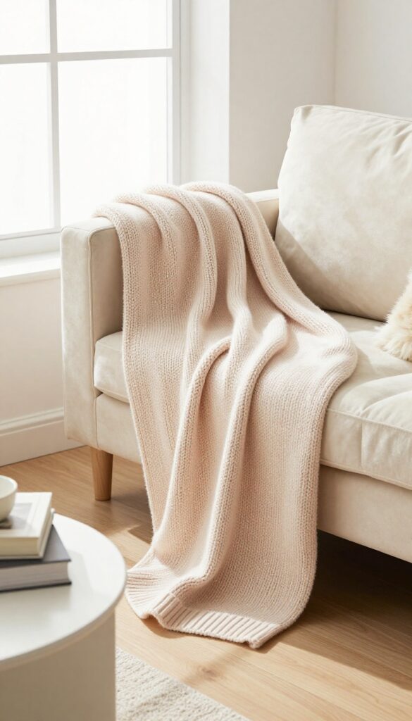 Chunky knit throw blanket draped over a cream velvet sofa in a bright, cozy living room