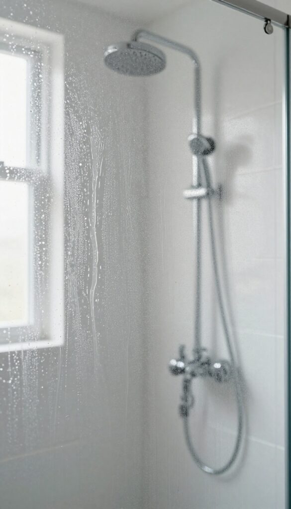 Spraying white vinegar on a glass shower door to remove hard water stains