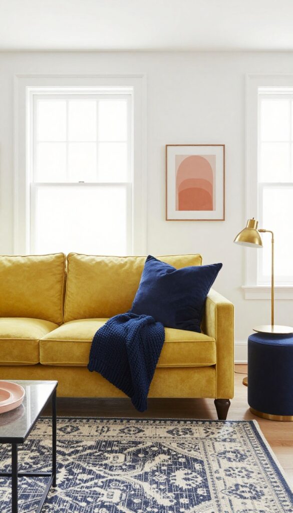 Bright living room with yellow sofa, navy blue accents, and warm natural light