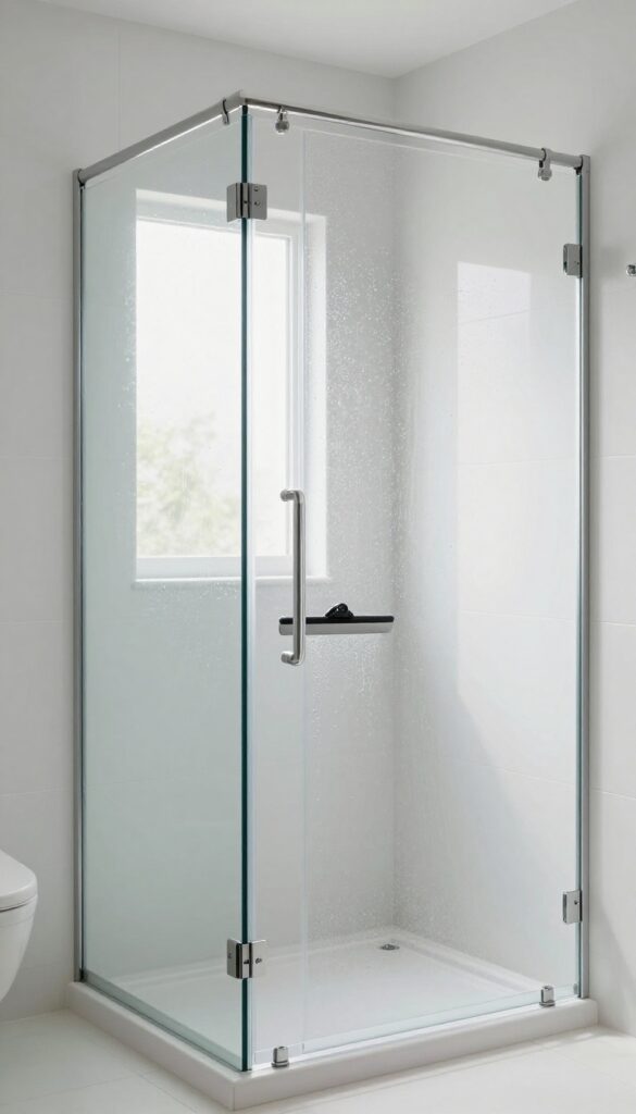 Modern bathroom shower with a squeegee hanging on a hook, clean glass panels, and bright natural light