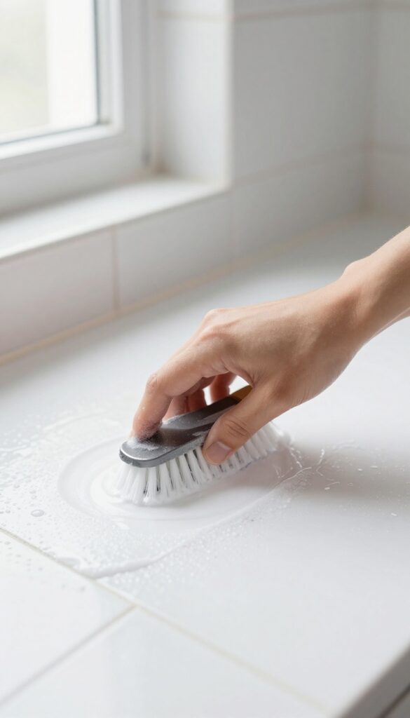 Hand scrubbing shower grout with a grout brush