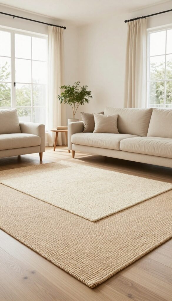Layered jute and wool rugs in a neutral modern living room with natural light and minimalist decor