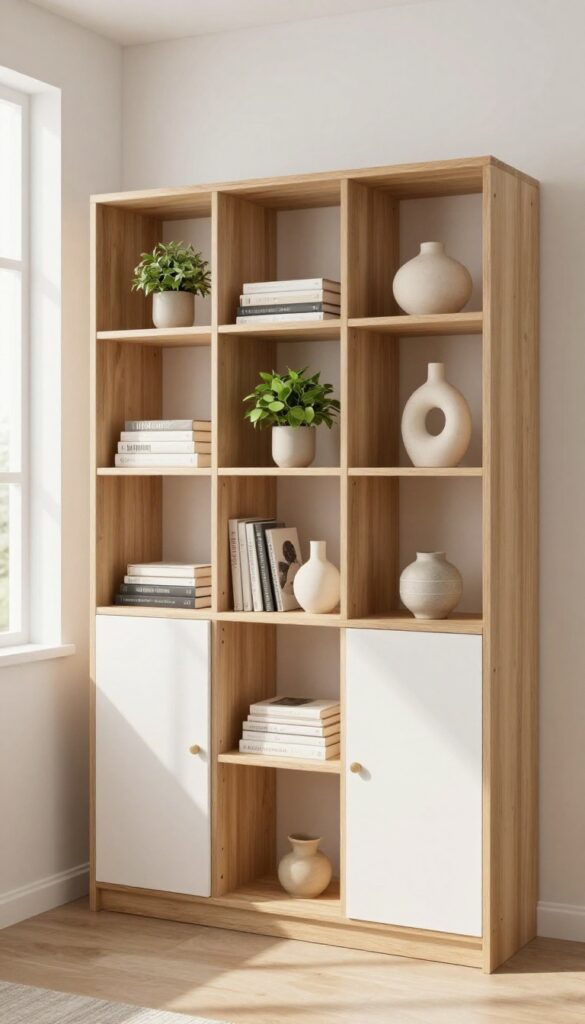 A wall unit with open shelves and closed cabinets in a small living room, styled with books, a plant, and a vase in natural light.