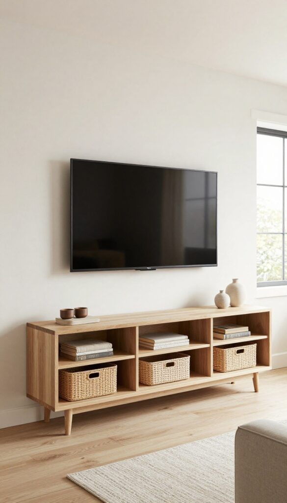 Living room with TV mounted above stone fireplace and floating media console underneath