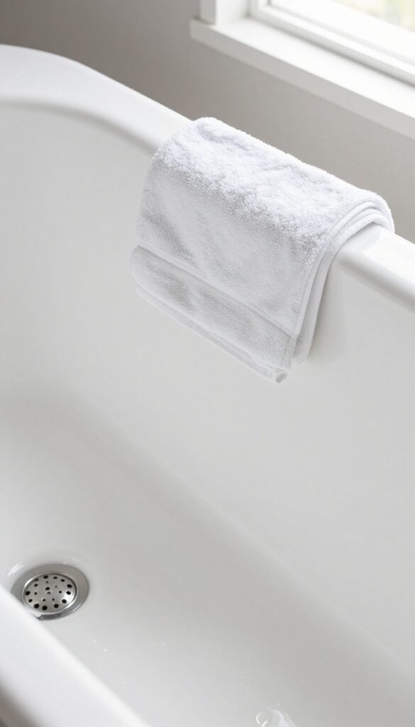 Dry jetted bathtub with towel and open cover in bright bathroom