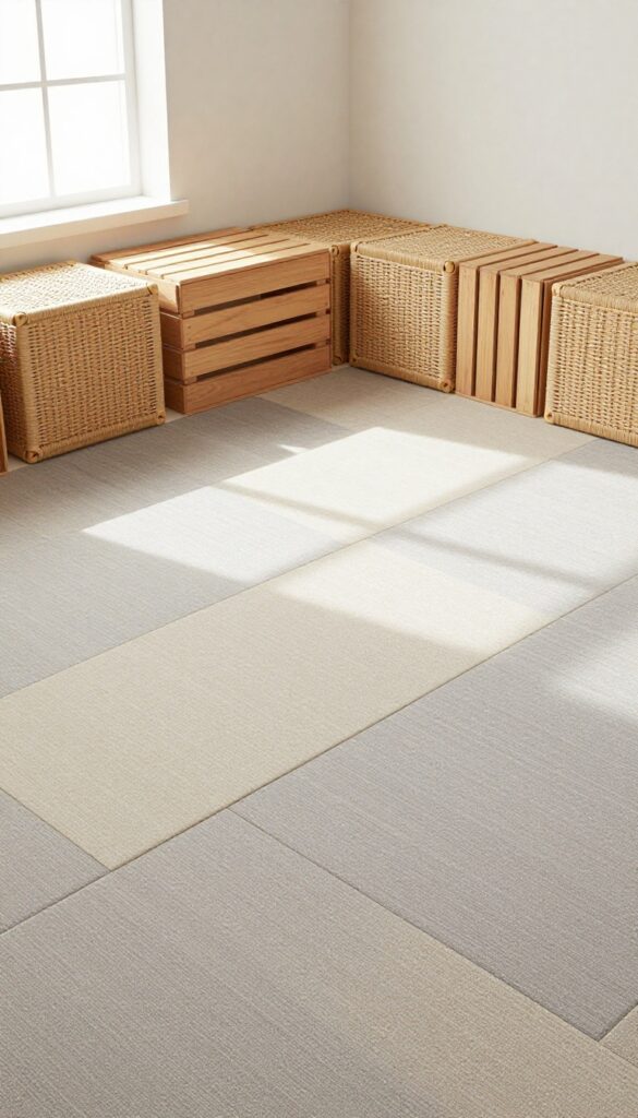 Living room with carpet tile grid defining a reading nook, featuring low storage cubes and woven bins in a bright, airy space.