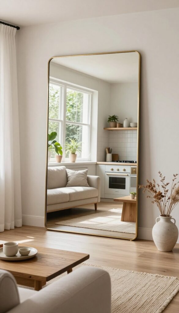 Large brass-framed mirror reflecting kitchen light in a small living room