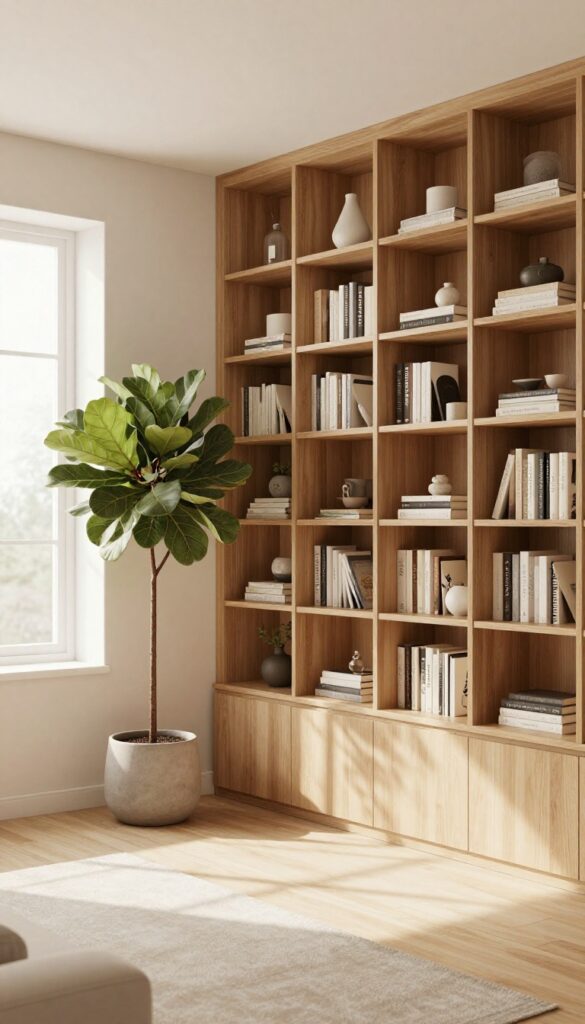 Rectangle living room with tall bookcase and tall plant to visually shorten the space