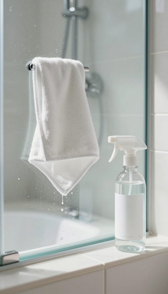 Sparkling clean glass shower door being wiped with microfiber cloth, streak-free and crystal clear
