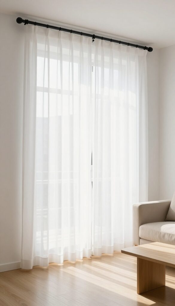 Airy small living room with high-mounted sheer curtains making the ceiling look taller