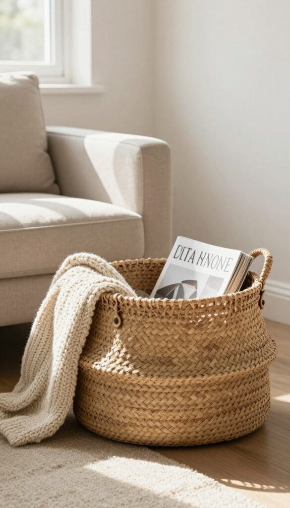 Cozy living room with woven basket holding blankets and magazines