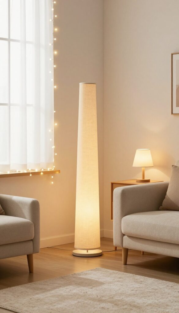 Cozy living room with warm diffused lighting from floor lamp and string lights