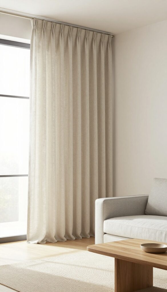 Tiny living room with floor-to-ceiling curtain hiding storage, soft neutral tones, natural light, clean and spacious feel.