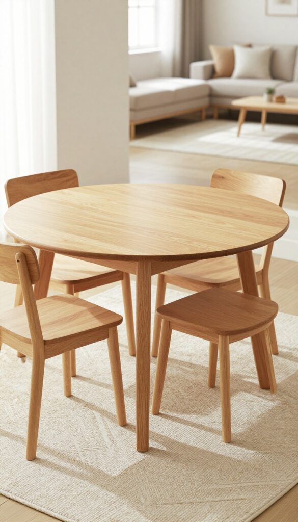 Small dining area with round table and chairs on a beige geometric rug, separated from living area by distinct rugs, bright natural light.