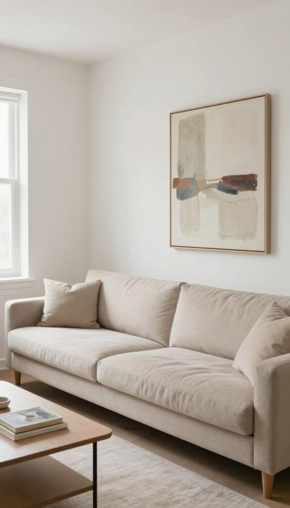 Small living room with two sofas facing each other, each with a single large artwork above, minimal decor, bright natural light.