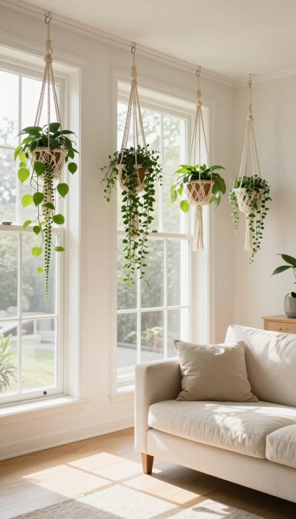 Macrame plant hangers suspended in front of a sunny window with trailing greenery, creating a floating garden effect in a cozy living room.