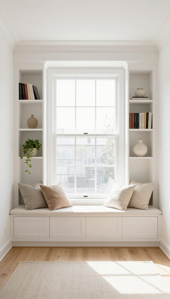 Custom built-in shelves and window seat around a window in a bright, small living room