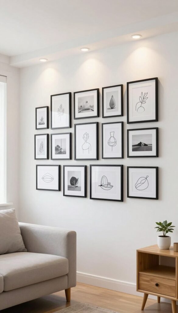 Modern gallery wall with black-and-white art in matching frames, illuminated by a picture light, in a bright living room.