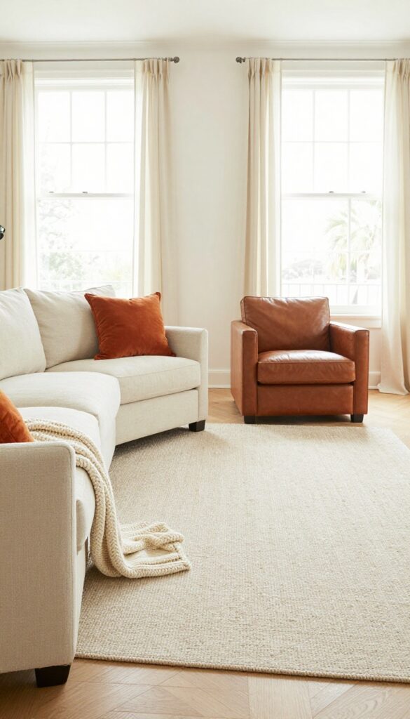 Bright living room with cream sofa, beige rug, and orange accents for a balanced retro look