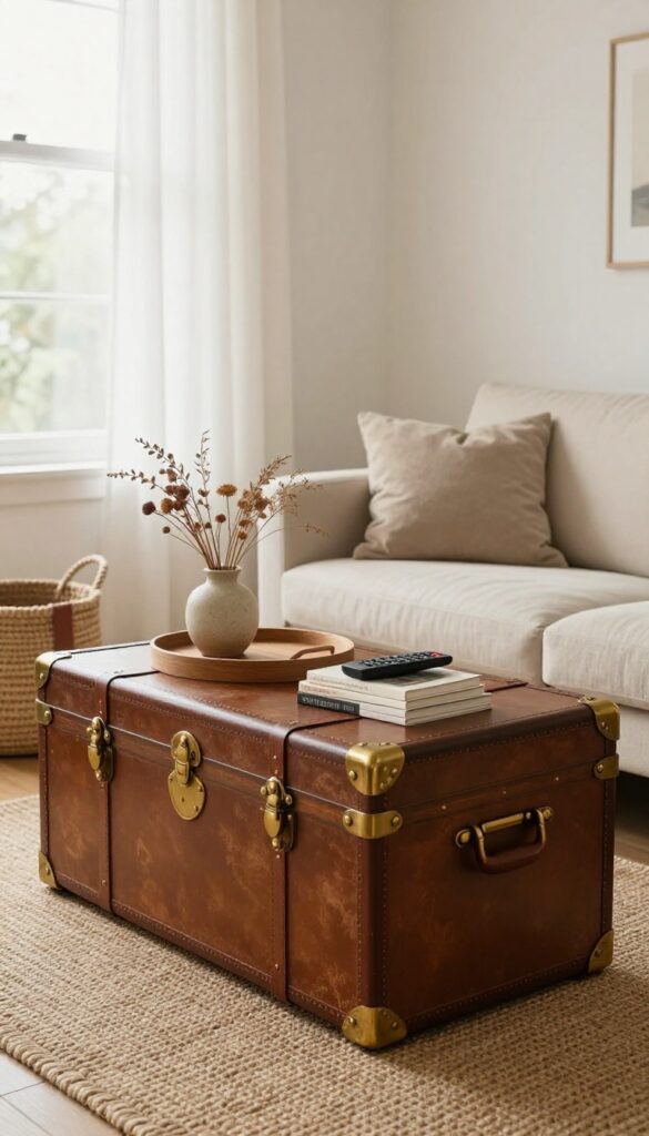Vintage trunk coffee table in living room with tray, books, and plant