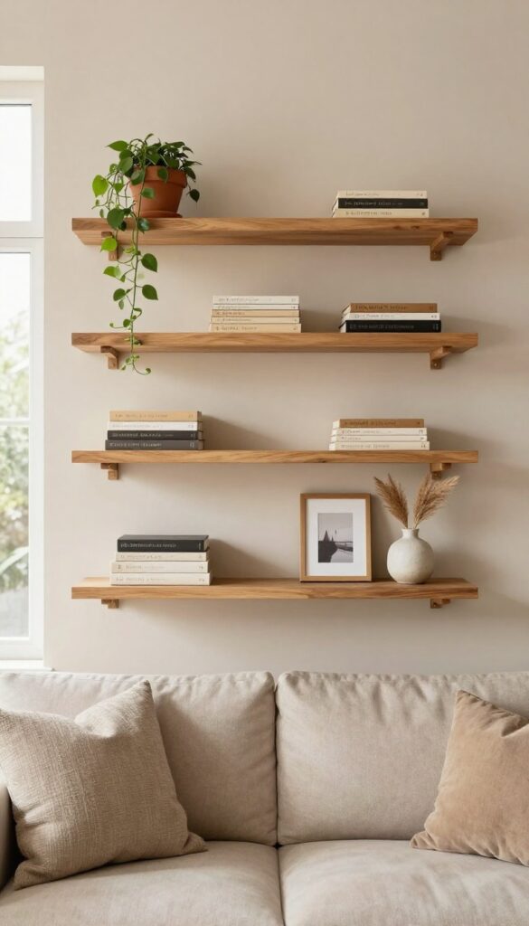 Open shelving with books, plant, framed photo, and ceramic vase in a cozy living room
