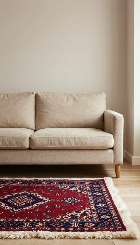 Narrow Persian runner defining seating area in small traditional living room