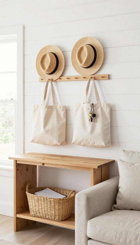 A cozy living room with a wooden peg rail on a white shiplap wall holding a bag, hat, keys, and a small basket, with natural light from a window.
