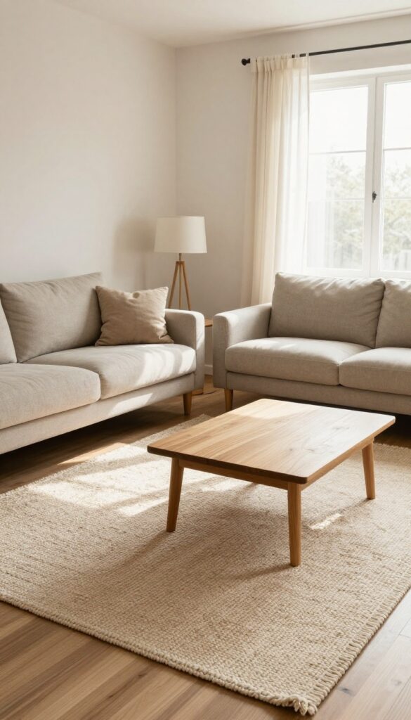 Layered rugs under a 3+2 seater sofa arrangement in a small living room