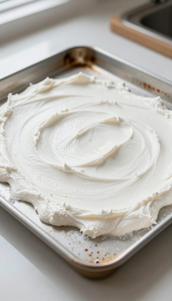 Baking sheet with baking soda and hydrogen peroxide paste to remove baked-on food