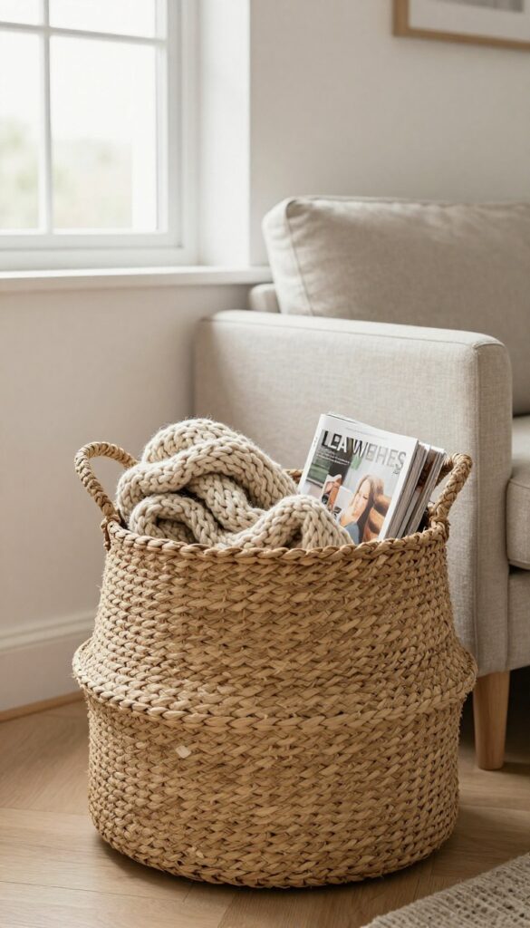 Woven seagrass basket with blanket and magazines beside sofa in modern cottage living room
