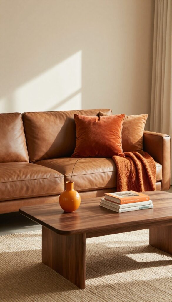 Warm brown leather sofa with orange accent pillows and throw, walnut coffee table with orange decor, jute rug, bright natural light, cozy living room.