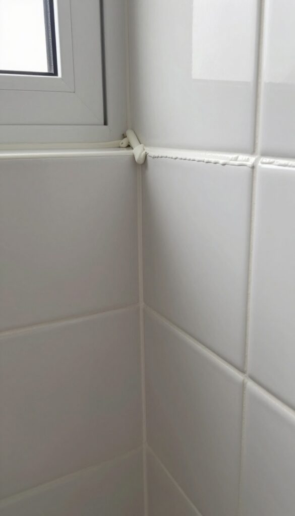 Applying new silicone caulk along shower tile edges for a clean, sealed finish