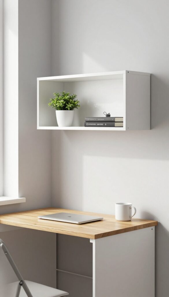 Slim wall unit with fold-down desk open, featuring open shelves with books and plant, in a bright living room.