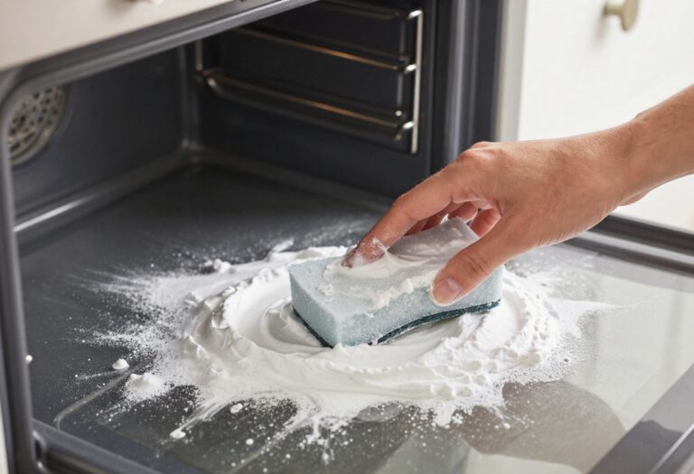Hand applying baking soda paste to clean an oven interior