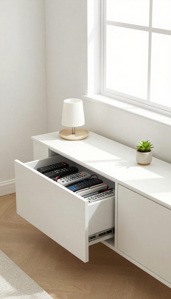 Narrow white console with drawers under a window in a small living room, organized with lamp and plant