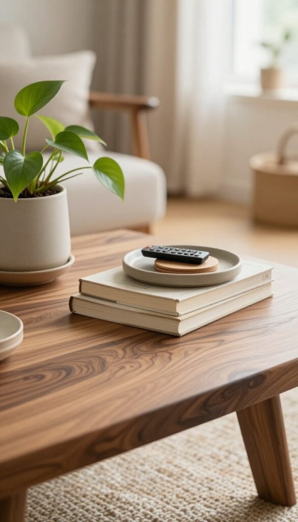 Warm boho living room coffee table with live edge wood, books, plant, and ceramic tray in natural light