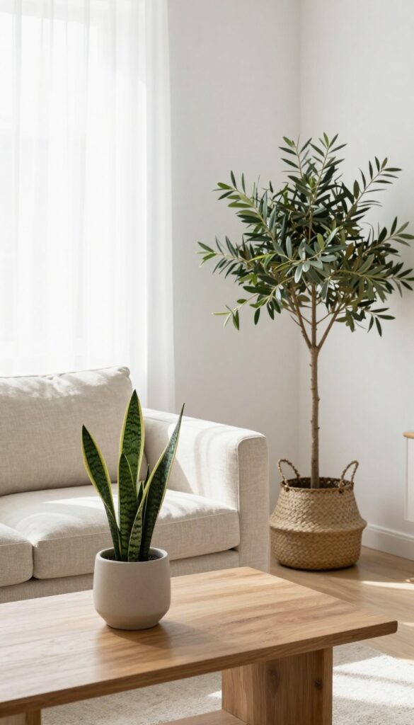 Light living room with greenery, olive tree and snake plant on coffee table, neutral decor, natural light.
