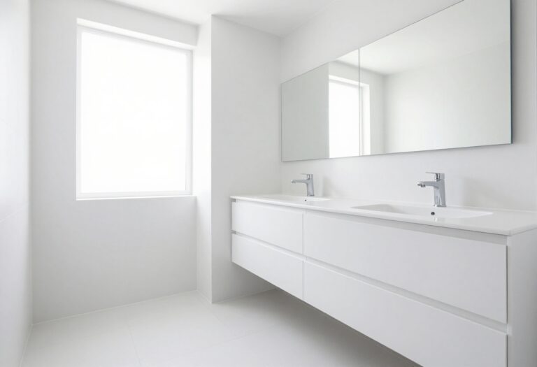 A spotless bathroom with white tiles, a clean mirror, and organized countertops