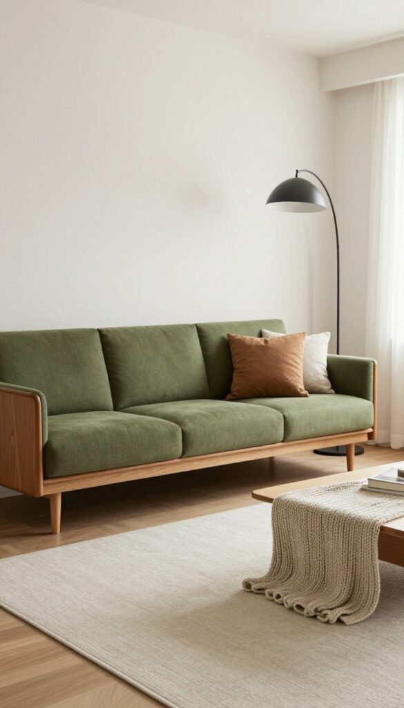 Mid-century modern sofa with splayed walnut legs and olive green cushions in a small bright living room, styled with a neutral rug, slim coffee table, knit throw, and arc floor lamp.