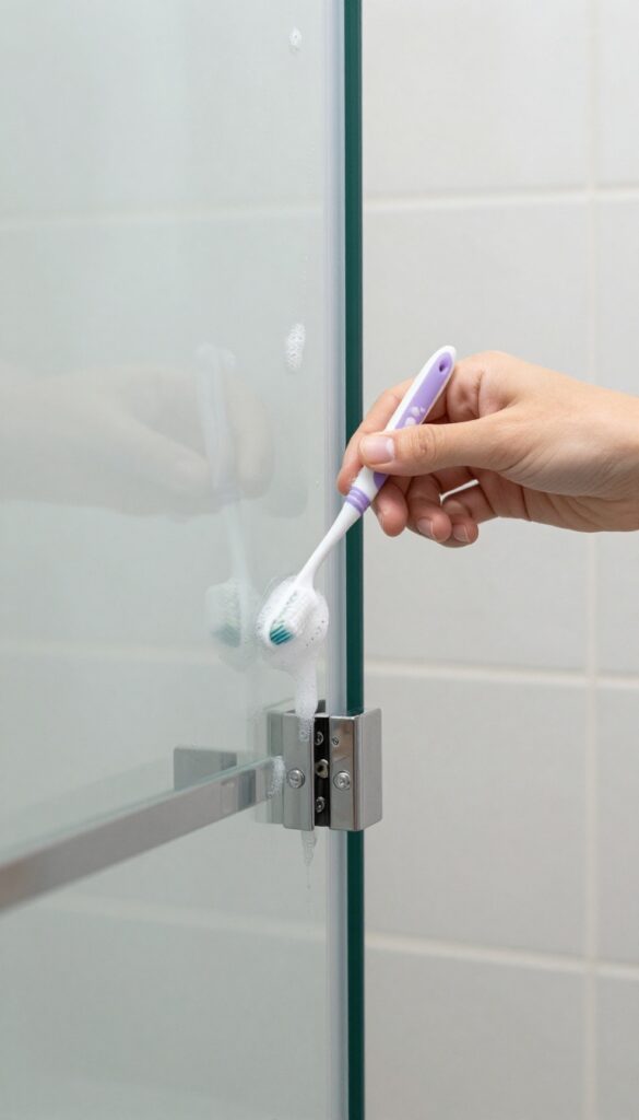 Close-up of cleaning shower door edges with a toothbrush